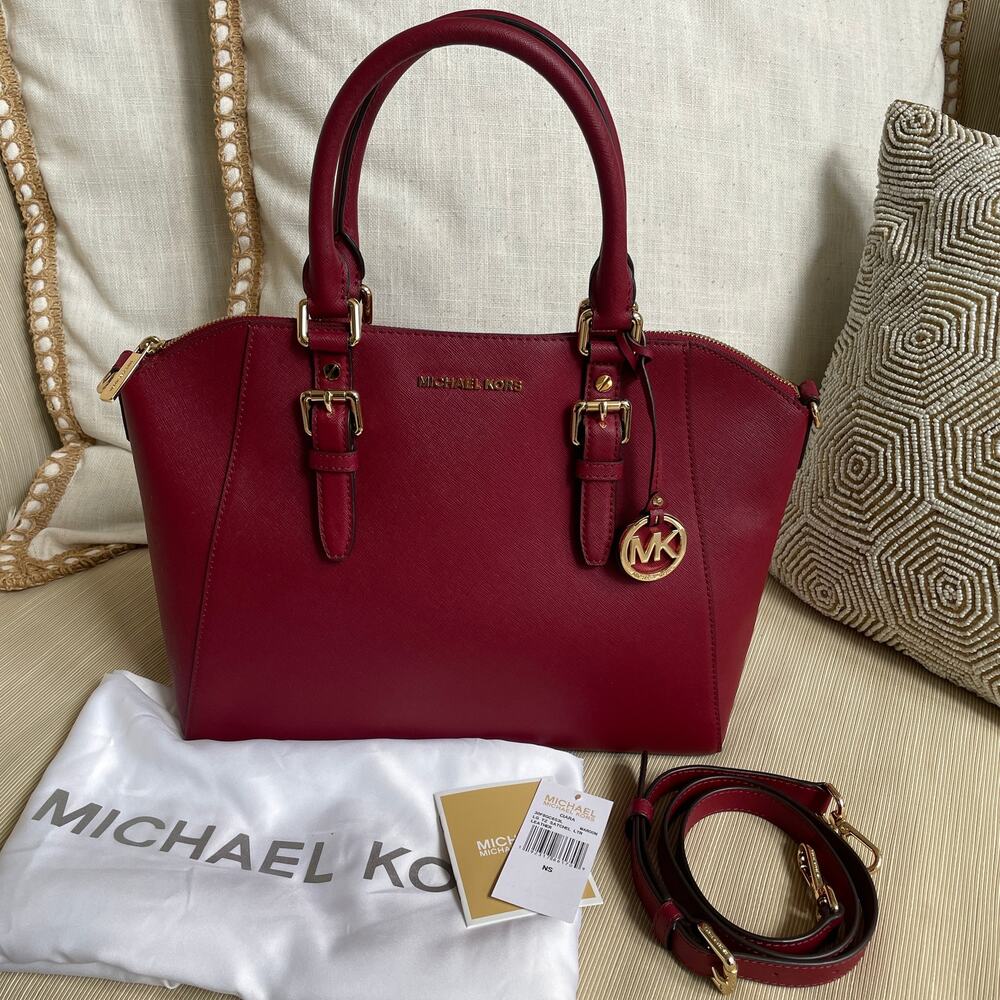Michael Kors Ciara Large TZ Satchel Maroon Leather NWT Dust Bag